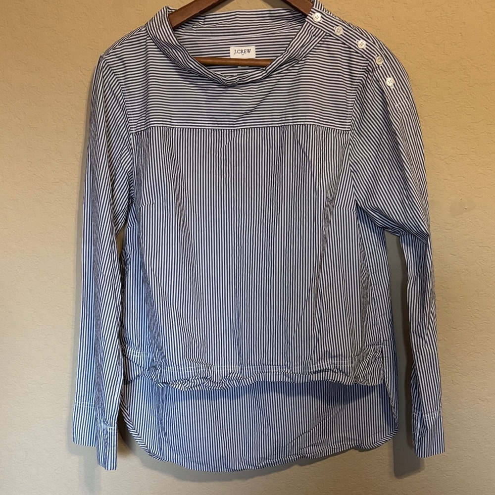 J. Crew Blue and White Striped Button-Shoulder Long Sleeve Top